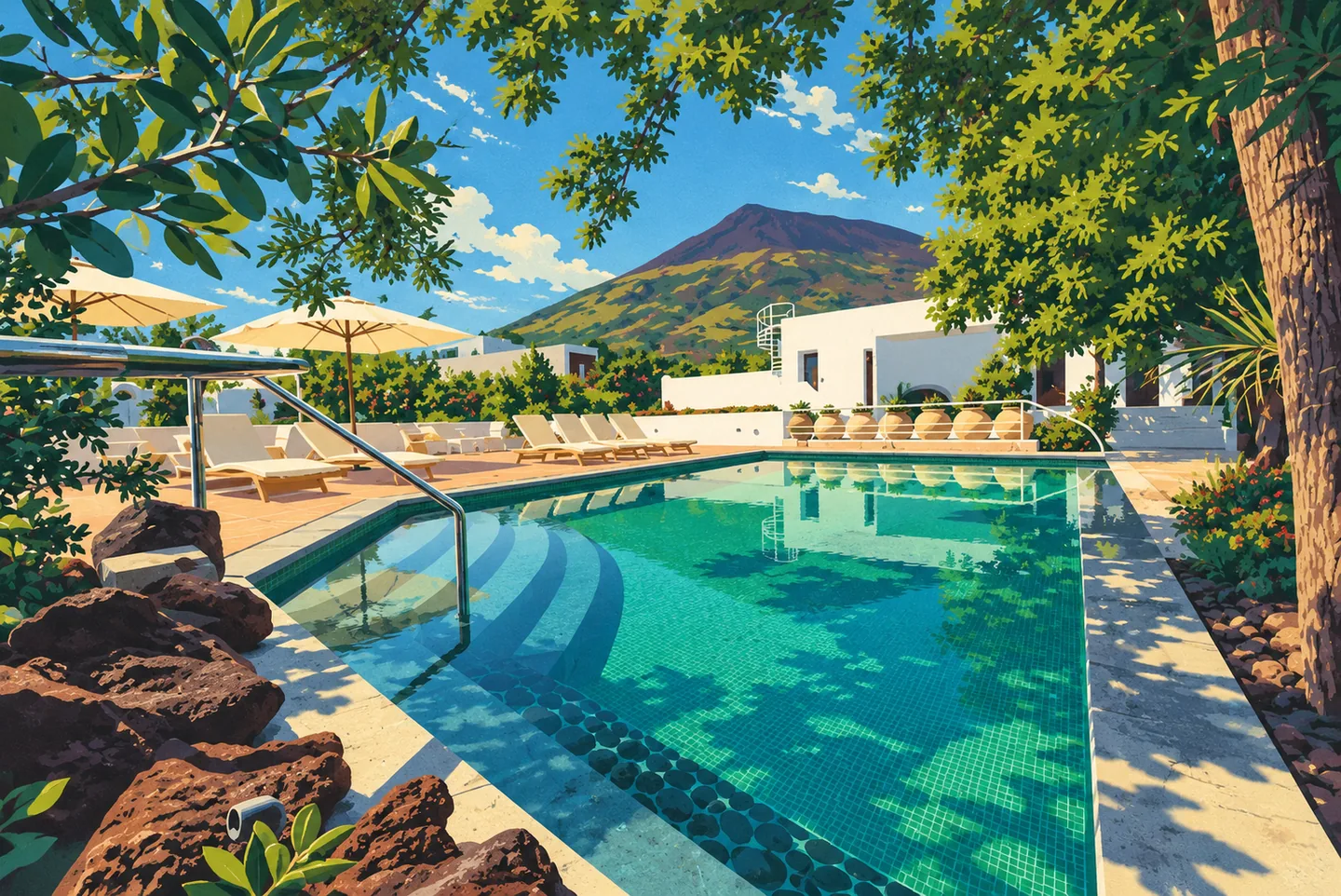 Illustration — Piscine avec le Stromboli en arrière-plan — Il Gabbiano Relais Illustration — Piscine avec le Stromboli en arrière-plan — Il Gabbiano Relais