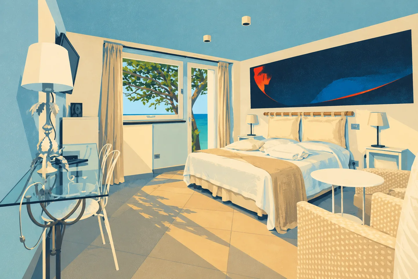 Illustration — Bedroom with white furnishings — Il Gabbiano Relais