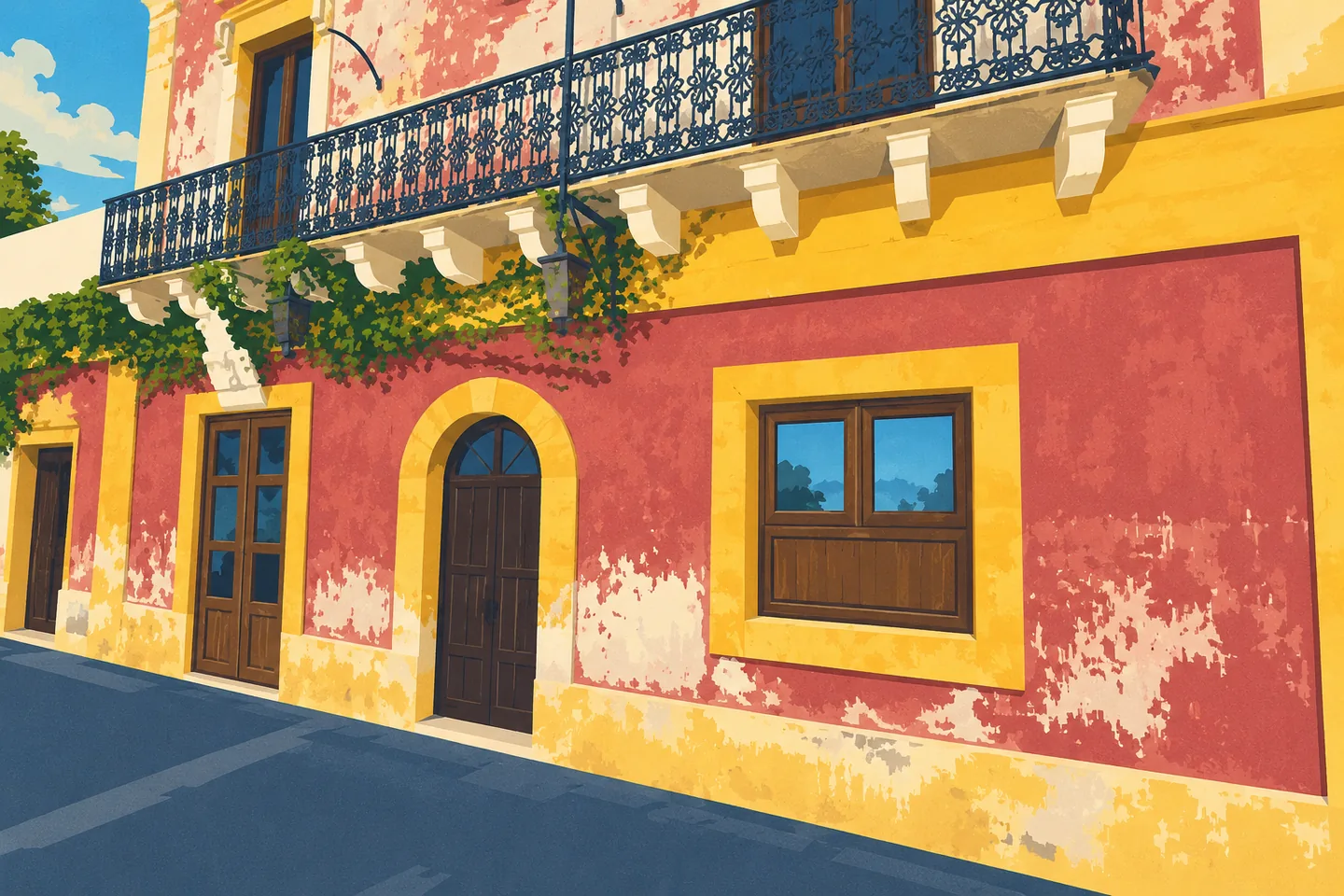 Illustration — Façade rouge et jaune — La Locanda del Barbablù Illustration — Façade rouge et jaune — La Locanda del Barbablù
