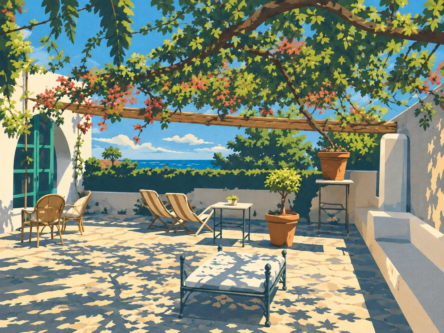 Illustrazione — Patio sotto il pergolato — La Locanda del Barbablù