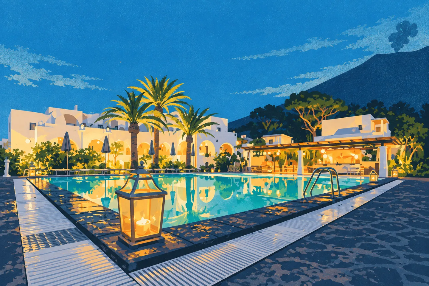 Illustration — Pool corner and lanterns — La Sciara Resort