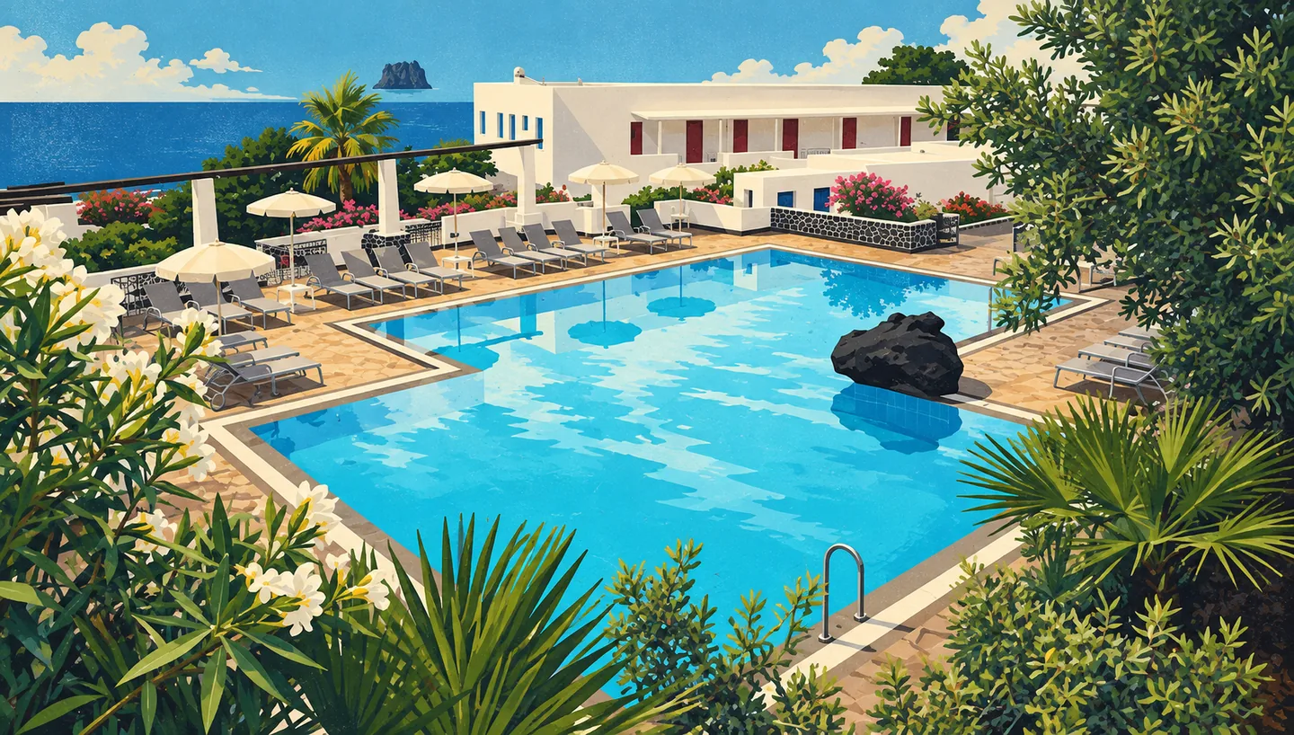 Illustration — Pool and garden — La Sirenetta Park Hotel – Charming Stromboli Hotels & Villas Illustration — Pool and garden — La Sirenetta Park Hotel