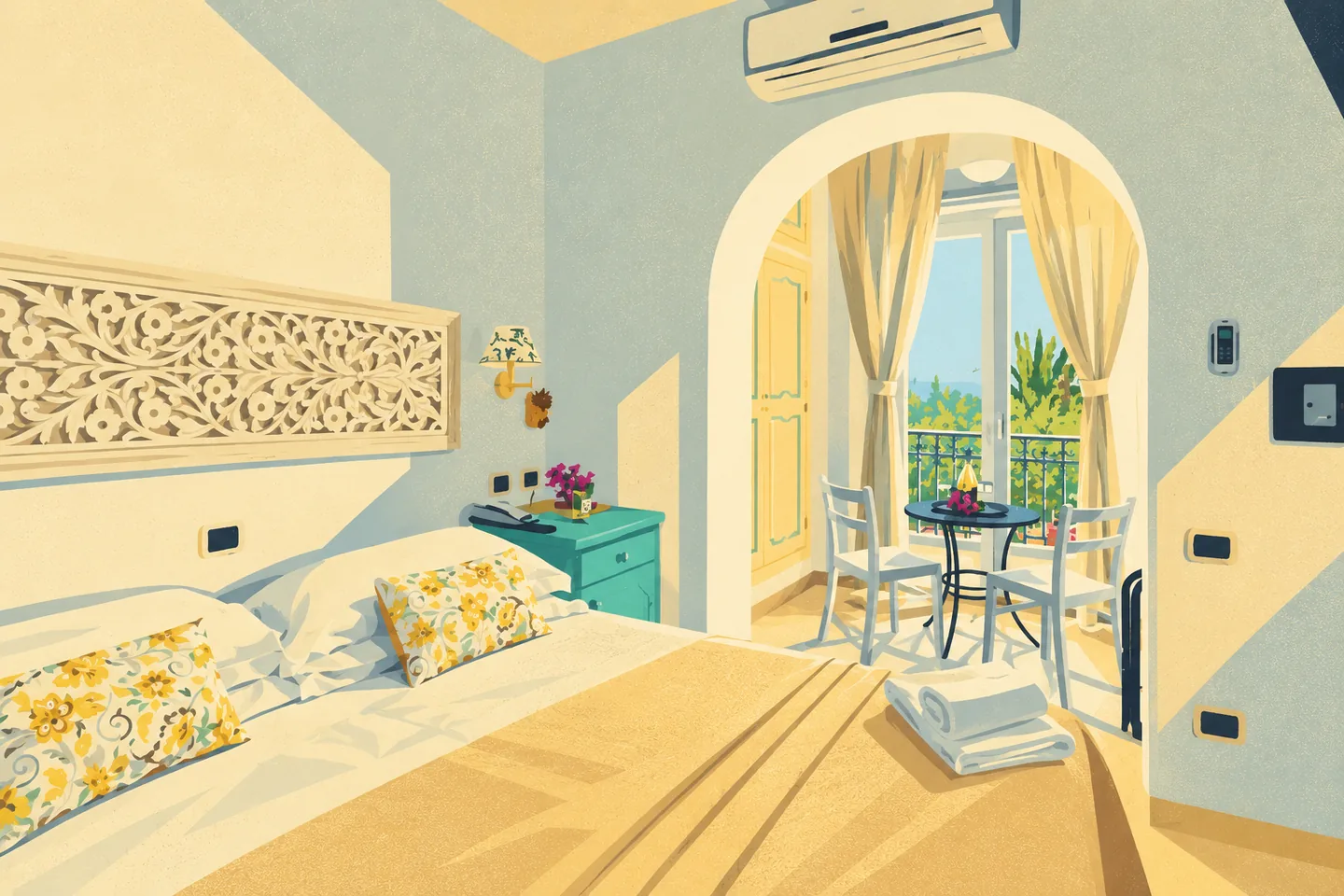 Illustration — Bedroom with an arched sitting area — Hotel Ossidiana Illustration — Bedroom with an arched sitting area — Hotel Ossidiana