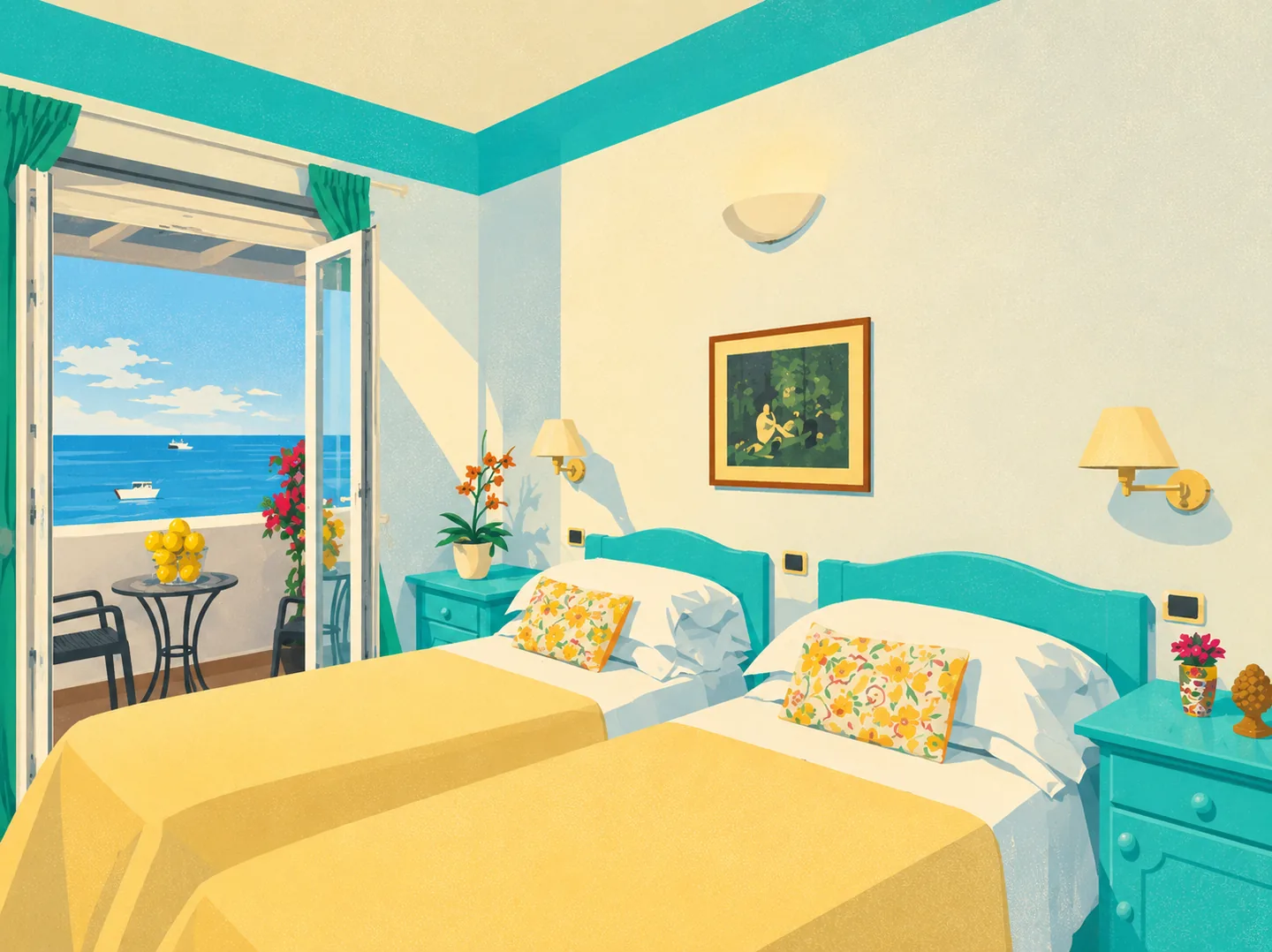 Illustration — Zweibettzimmer und Balkon — Hotel Ossidiana