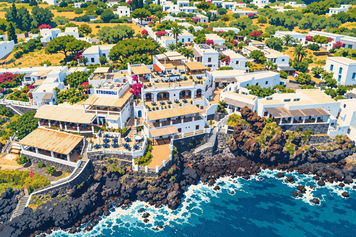 Illustration — Seafront terraces and lava coast — Villaggio Stromboli Illustration — Seafront terraces and lava coast — Villaggio Stromboli