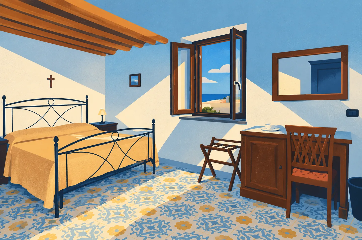 Illustration — Bedroom with patterned tiles — Villaggio Stromboli